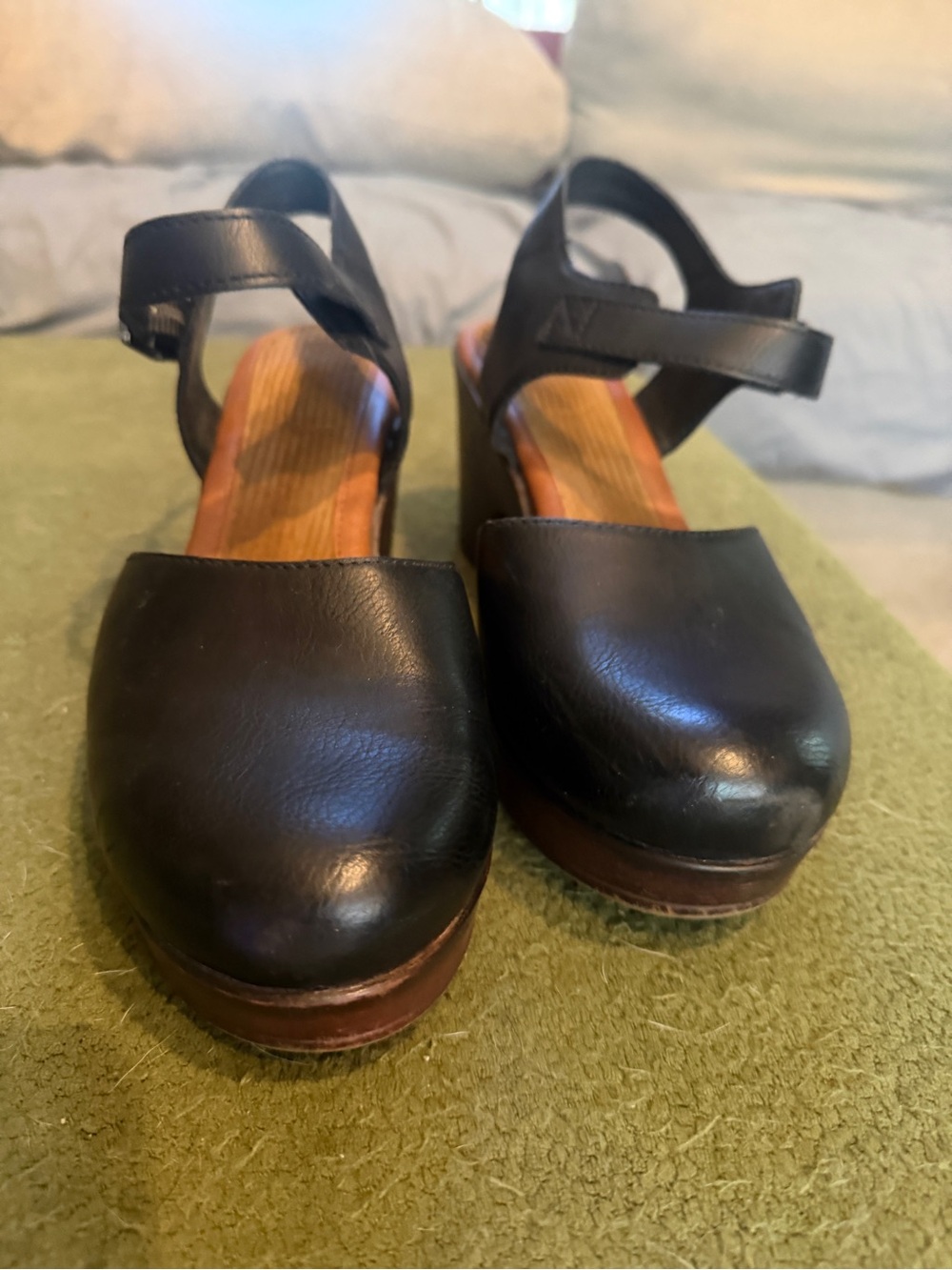 Black Leather Platform Clog Heels with Ankle Strap — Women's
